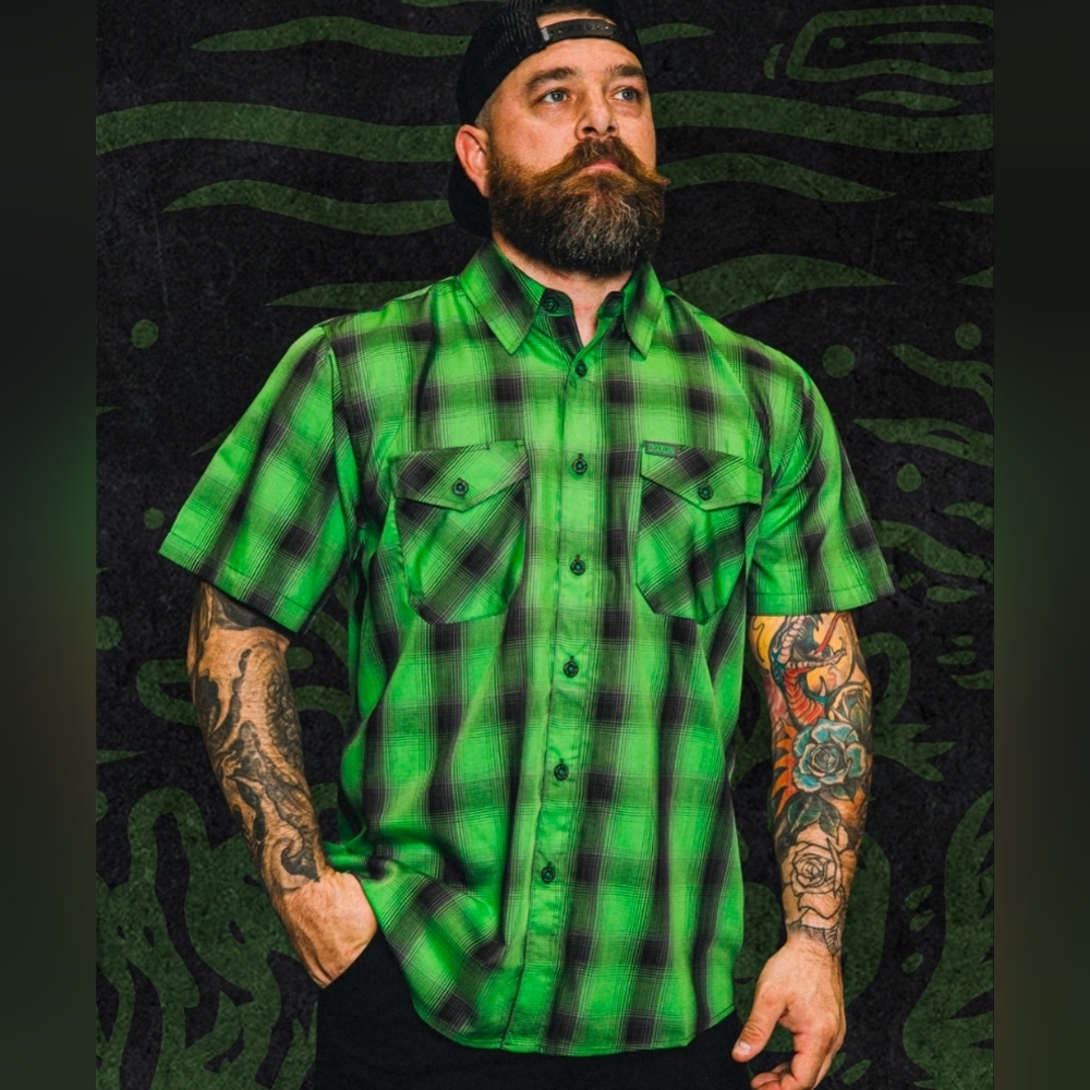 Dixxon 'Devils Bath' Short Sleeve Shirt XS Green Flannel Plaid Bamboo Button
